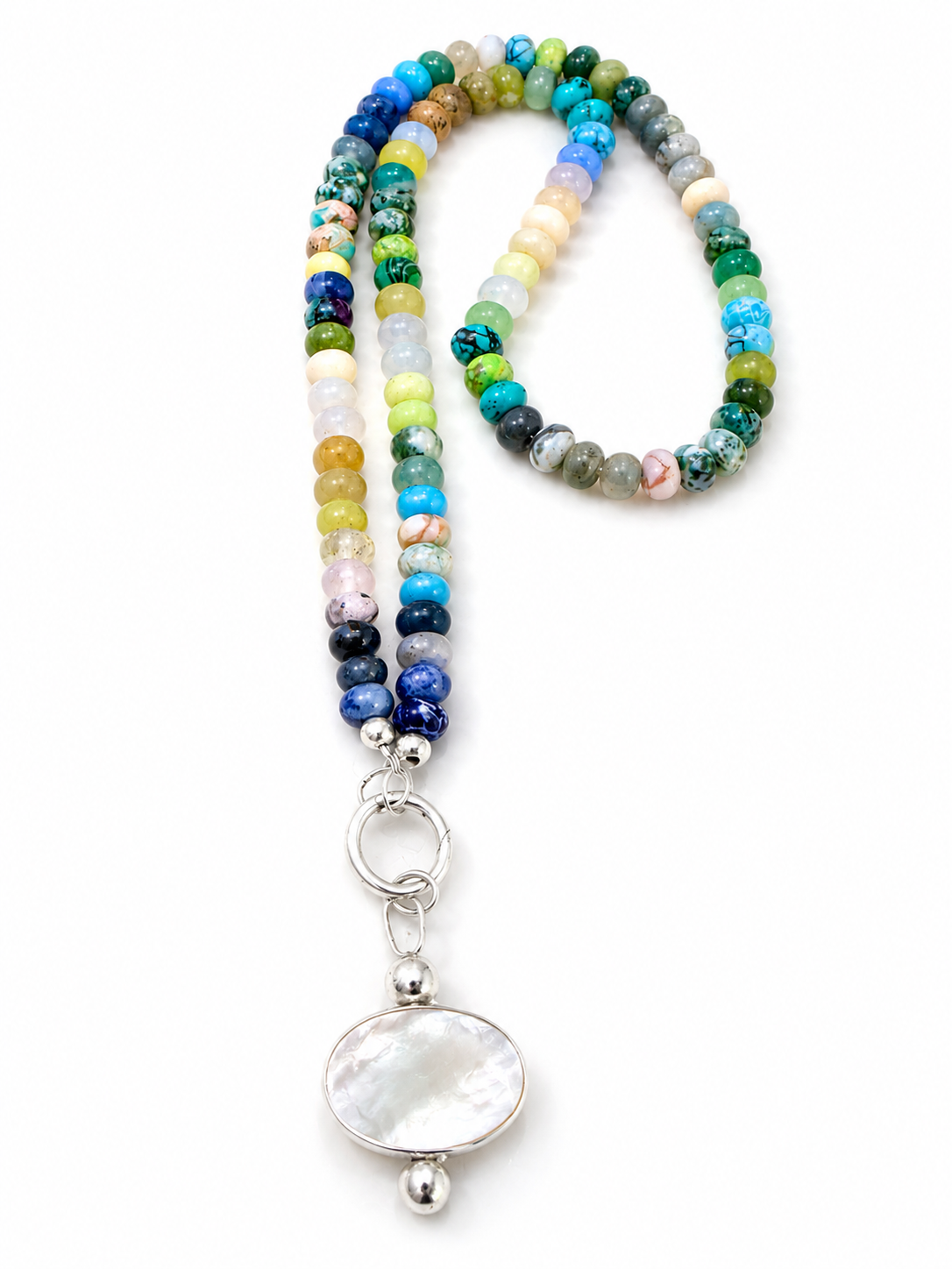 Rainbow Gemstone Bead Necklace with Mother-of-Pearl Pendant | Sterling Silver | 50 cm