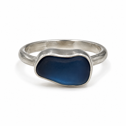 Cobalt Blue Sea Glass Ring | Handmade Sterling Silver | Size 9