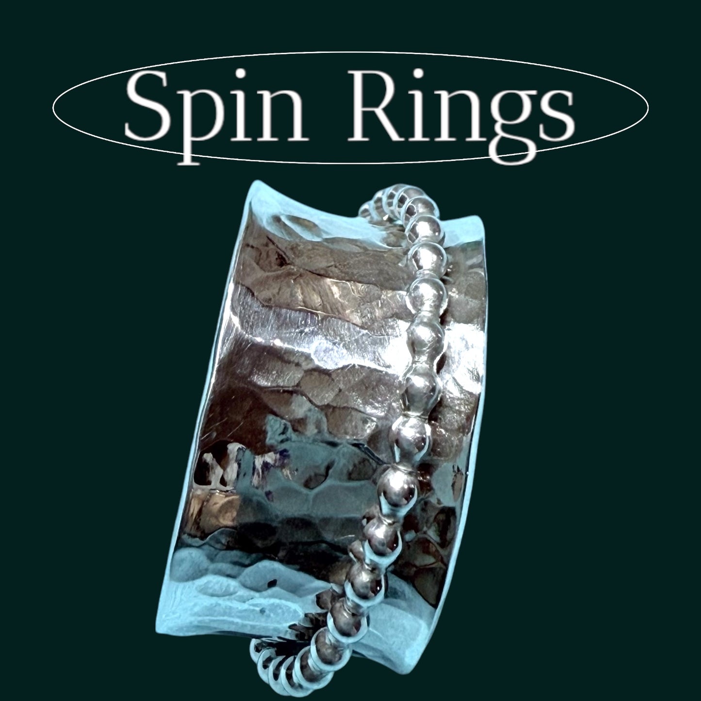 Tranquil Waves - Sterling Silver Hammered Spin Ring with Beaded Spinner – Size 9