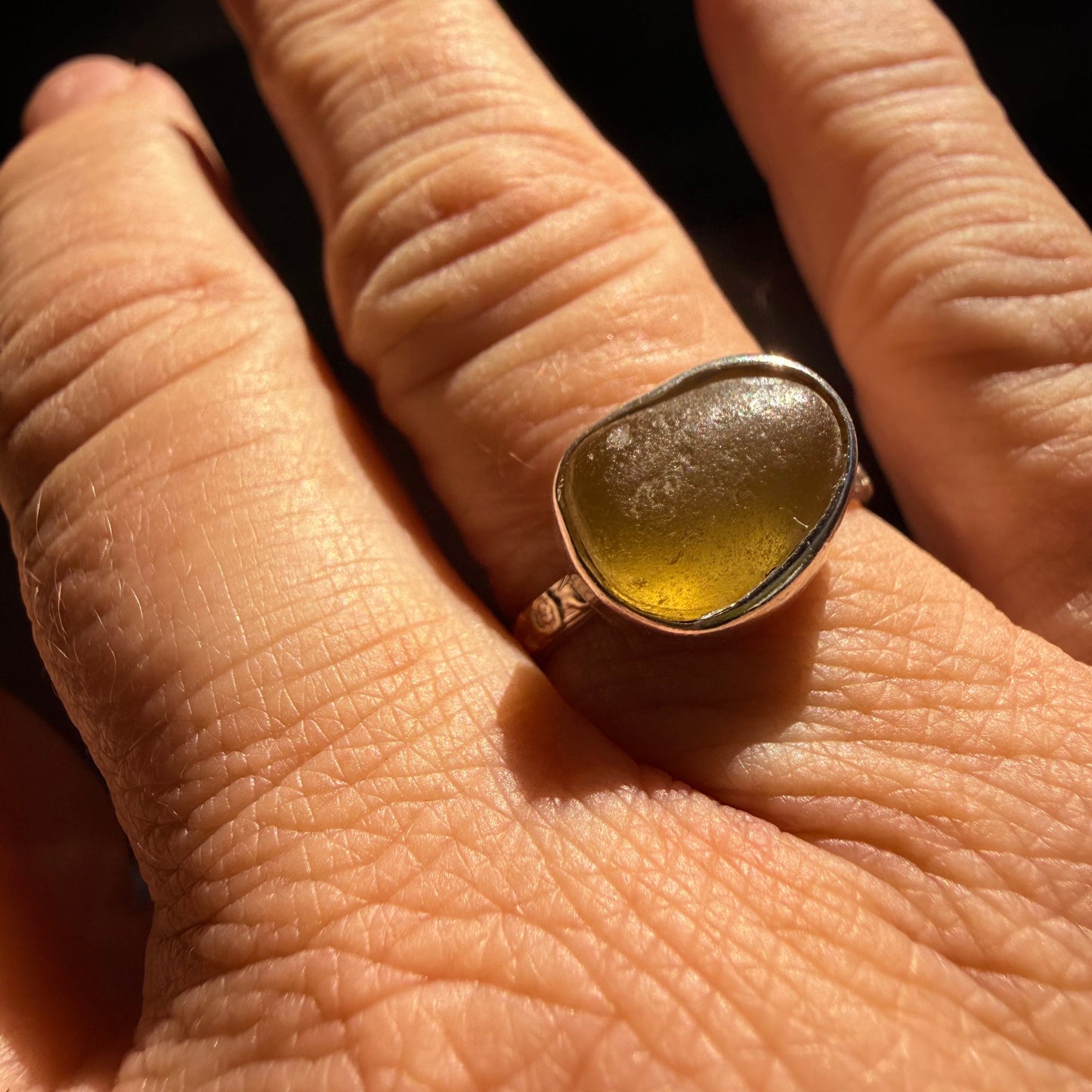 Honey Amber Sea Glass Ring – Sterling Silver Delicate Band – Size 6