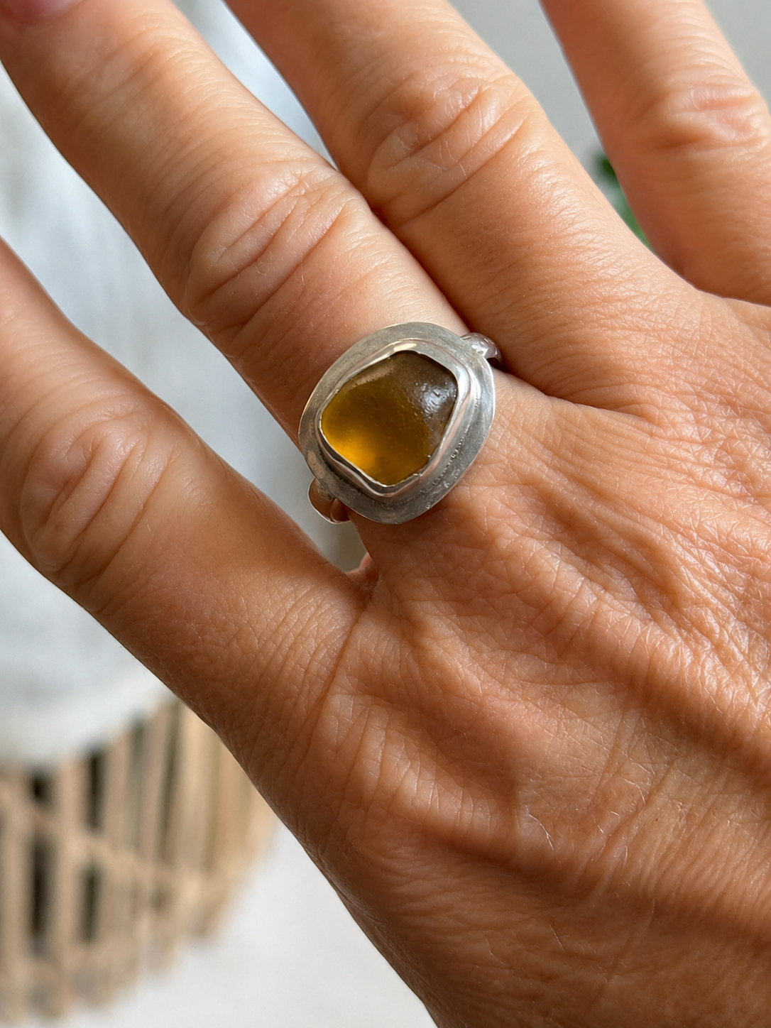 Golden Ember Sea Glass Ring – Sterling Silver | Size 7