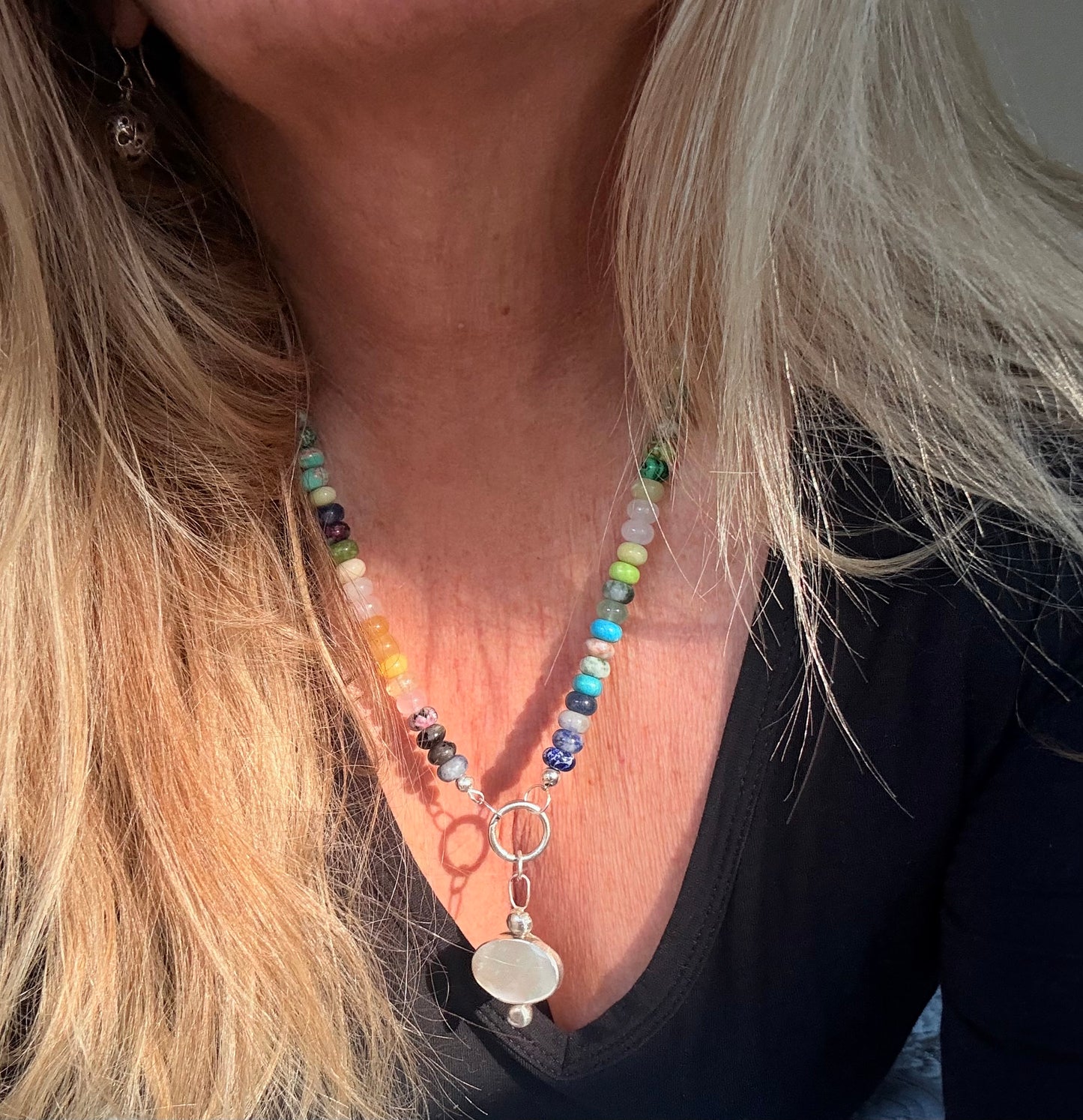Rainbow Gemstone Bead Necklace with Mother-of-Pearl Pendant | Sterling Silver | 50 cm