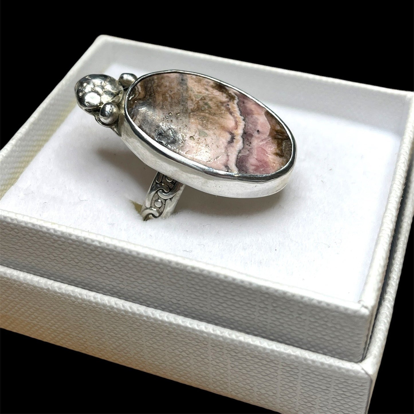 Rose Dawn: Large Oval Rhodochrosite Ring – Size 9