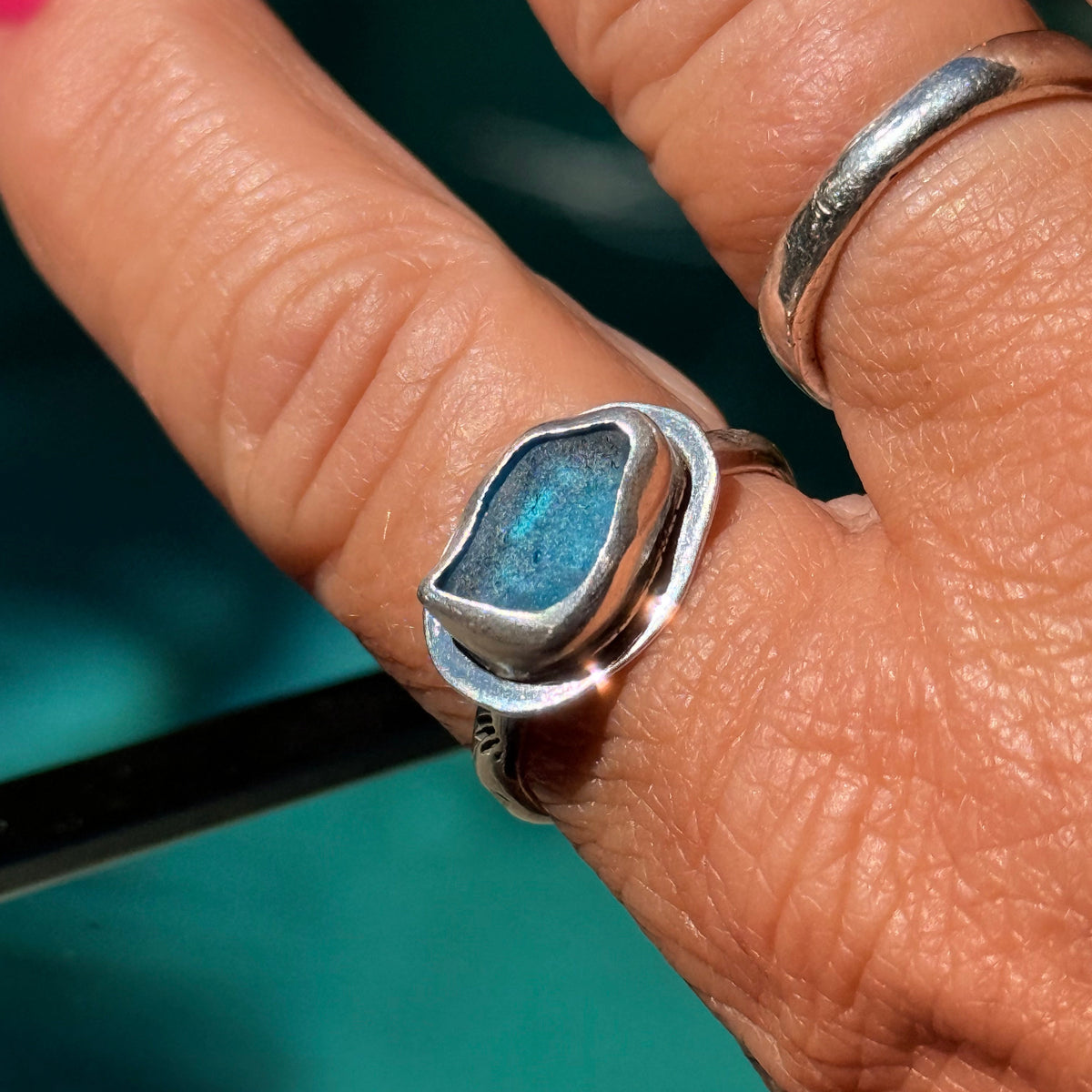 Aqua Sea Glass Sterling Silver Statement Ring | Size 9.5