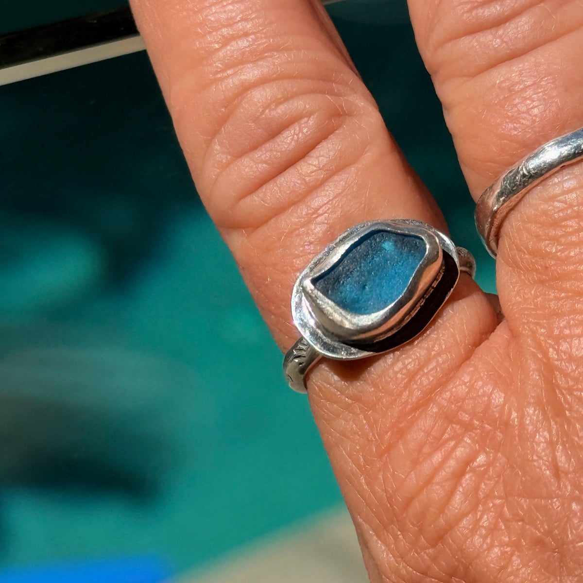 Aqua Sea Glass Sterling Silver Statement Ring | Size 9.5