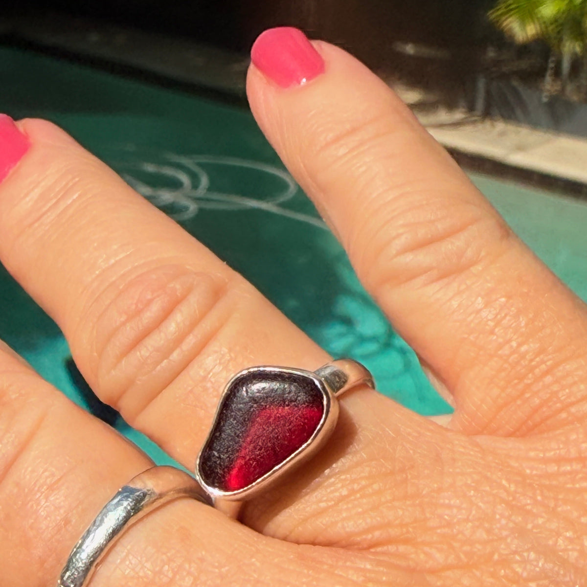 Deep Ruby Red Sea Glass Ring – Sterling Silver - Size 8