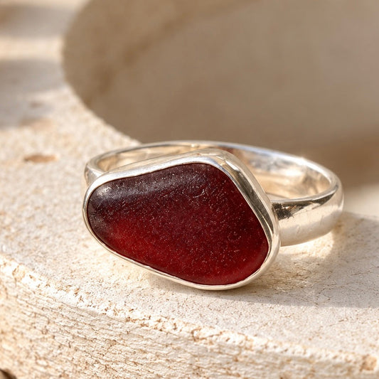 Deep Ruby Red Sea Glass Ring – Sterling Silver - Size 8